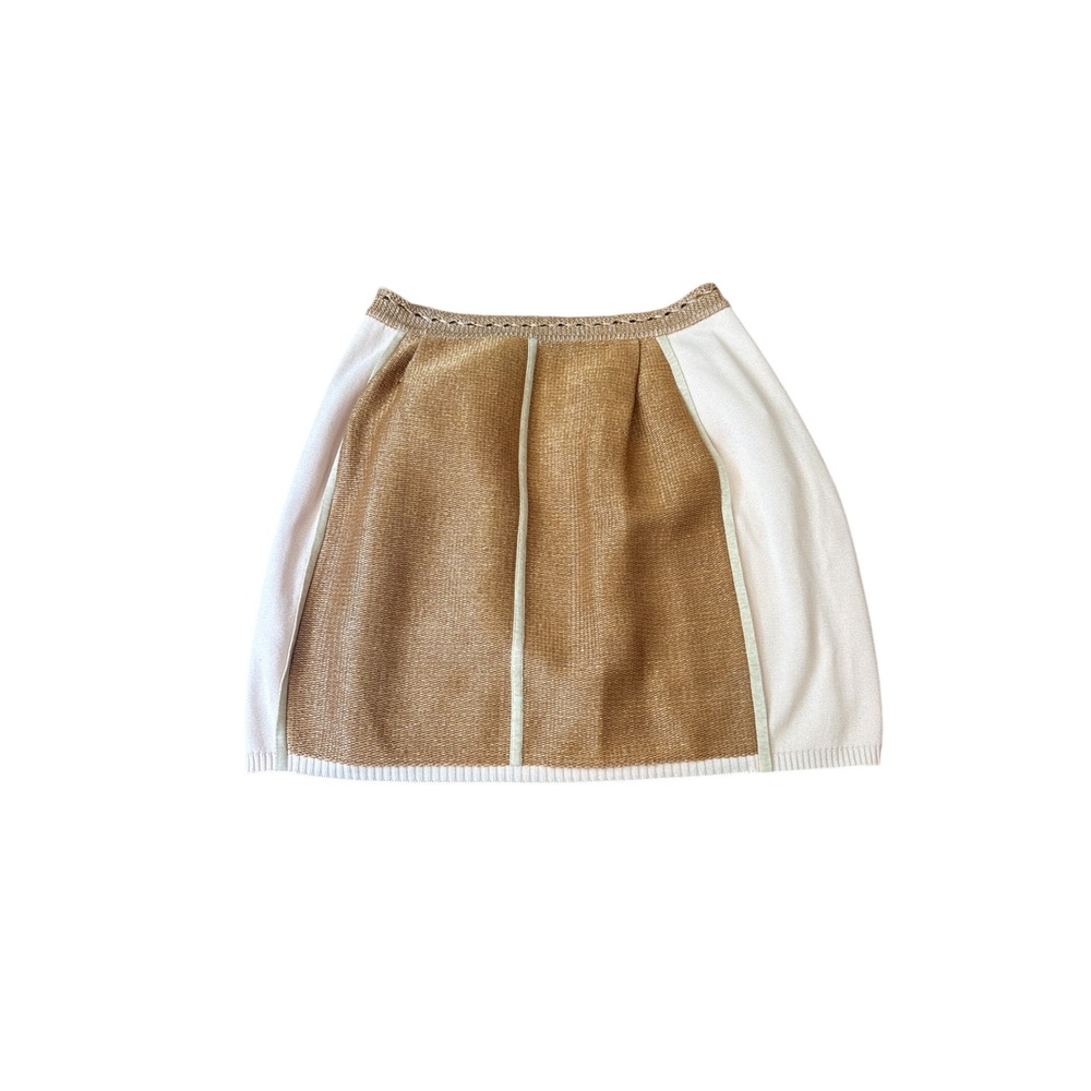 Fendi Mini Skirt Womens Tan Cream Knit Raffia Colorblock Italy SIZE 46